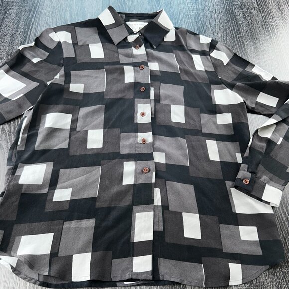🖤 Jones New York 100% Silk Blouse – Size 6 – Modern Geometric Square Print - Picture 1 of 3